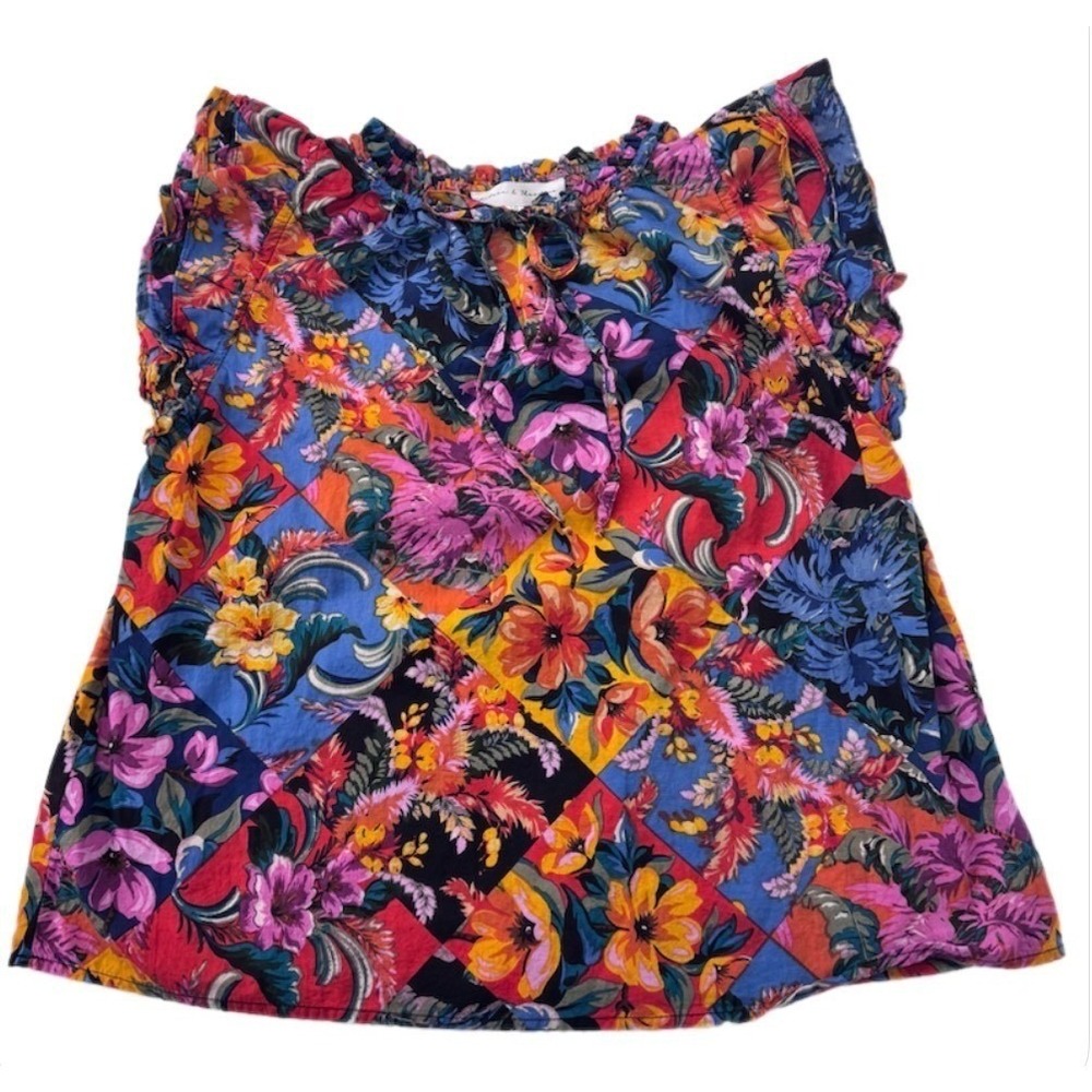 Chelsea & Theodore Blouse Women Large Multicolor Floral Patchwork Flutter Sleeve - Picture 4 of 9